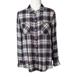 Lucky Brand Womens Split Back Plaid Button Up Shirt M Blue & Red Long Sleeve Top